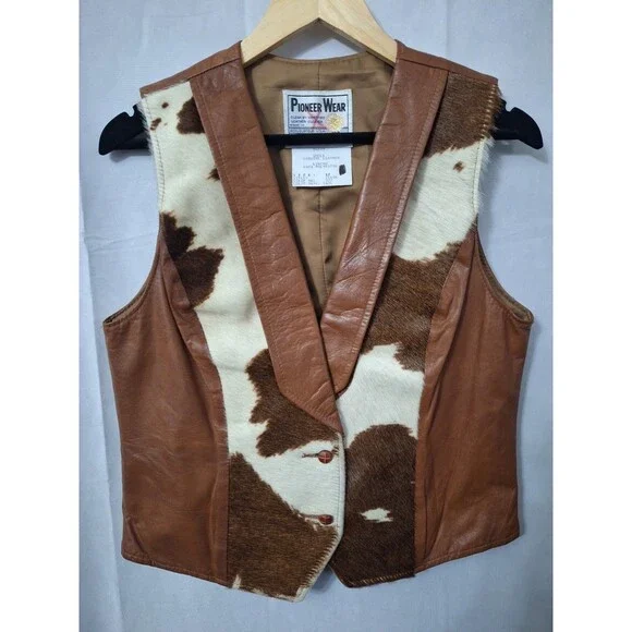 Vintage Pioneer Wear Cowhide Leather Vest Women Sz 12 Cow Print Western USA Made - Picture 3 of 14